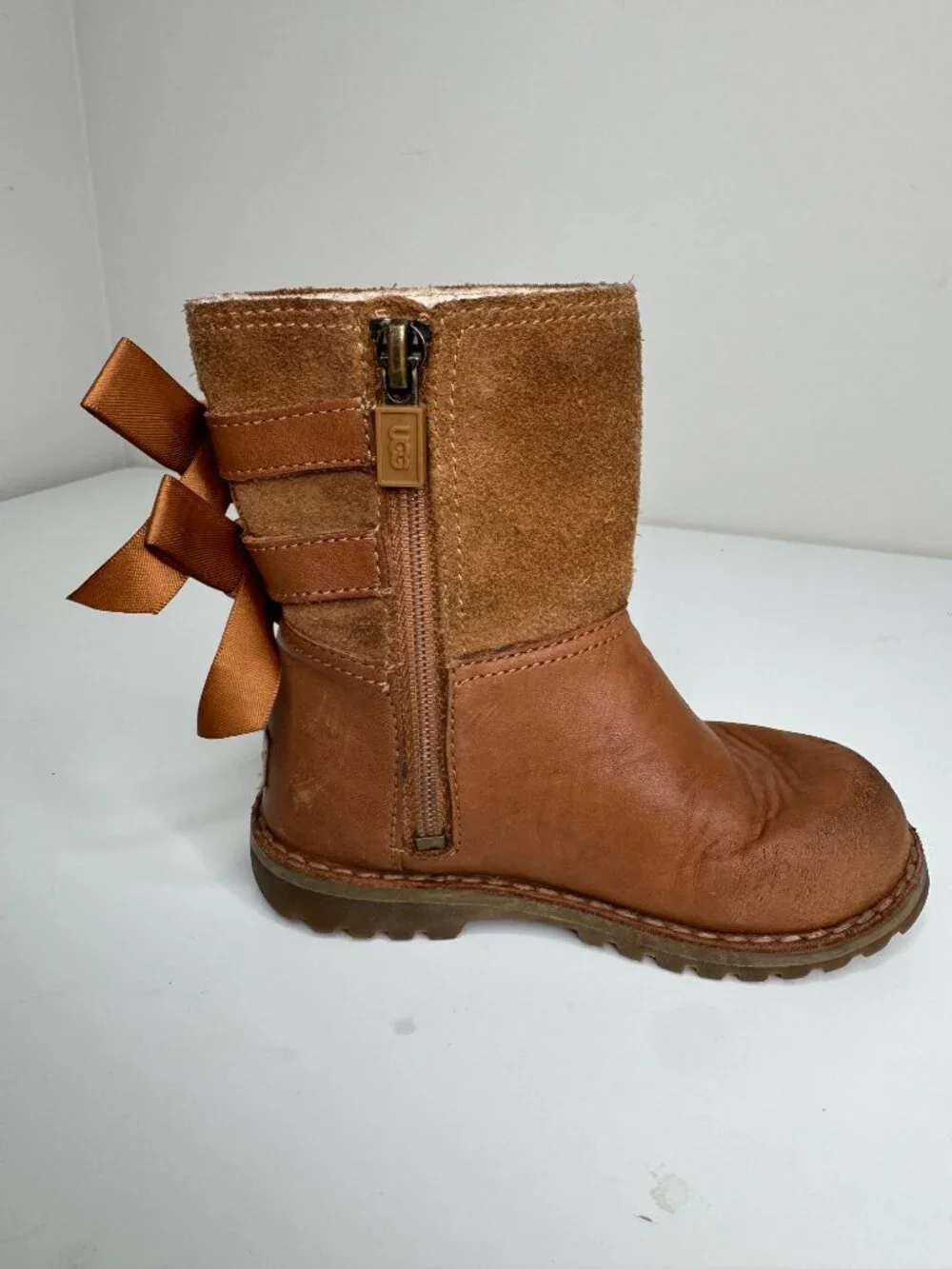 UGG Tara Bow Brown Leather High Top Boots Girls 7 1108190R Inner Zip Decorative
